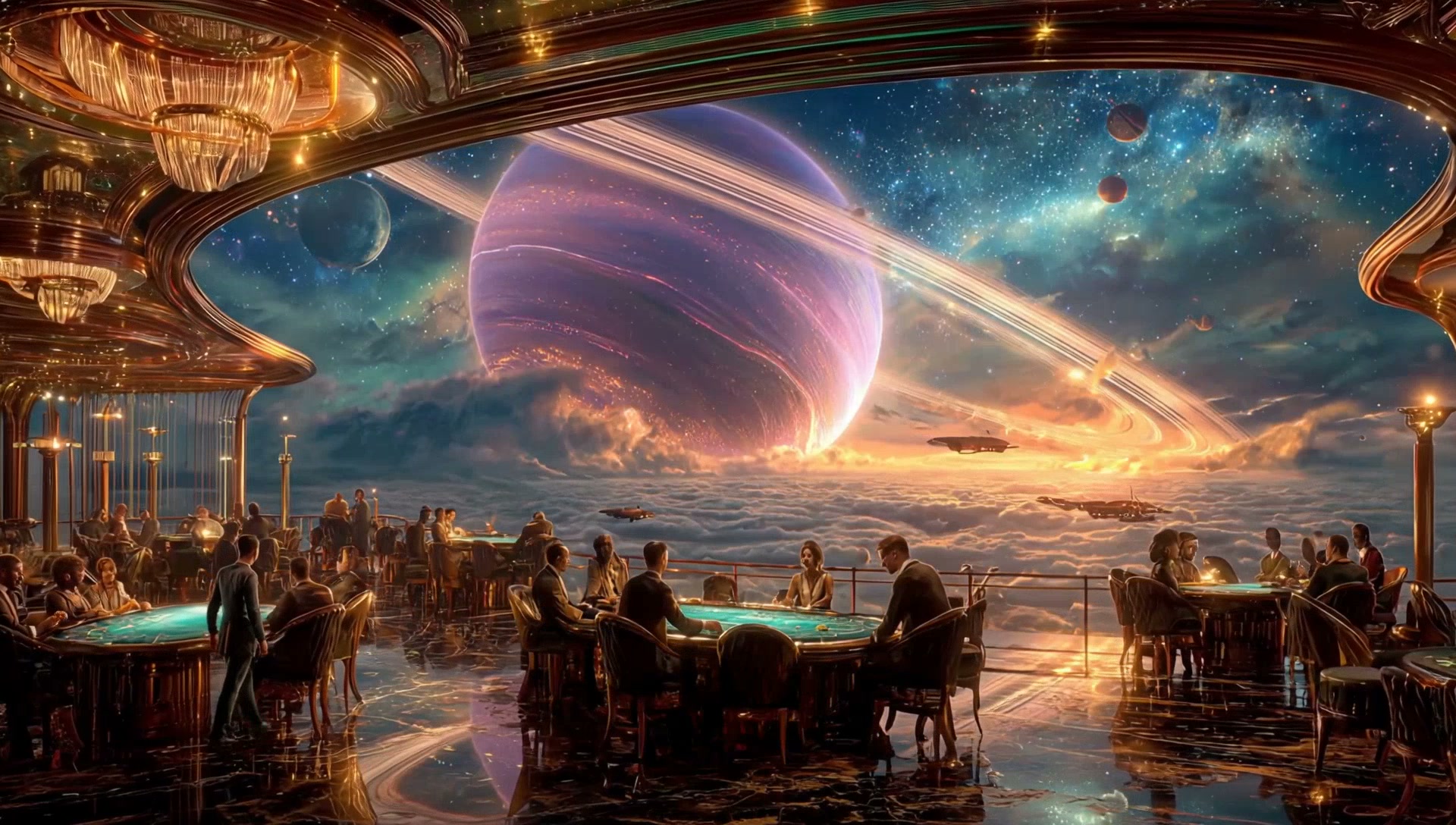 Luxurious space casino restaurant overlooking a gas giant with rings and stars.