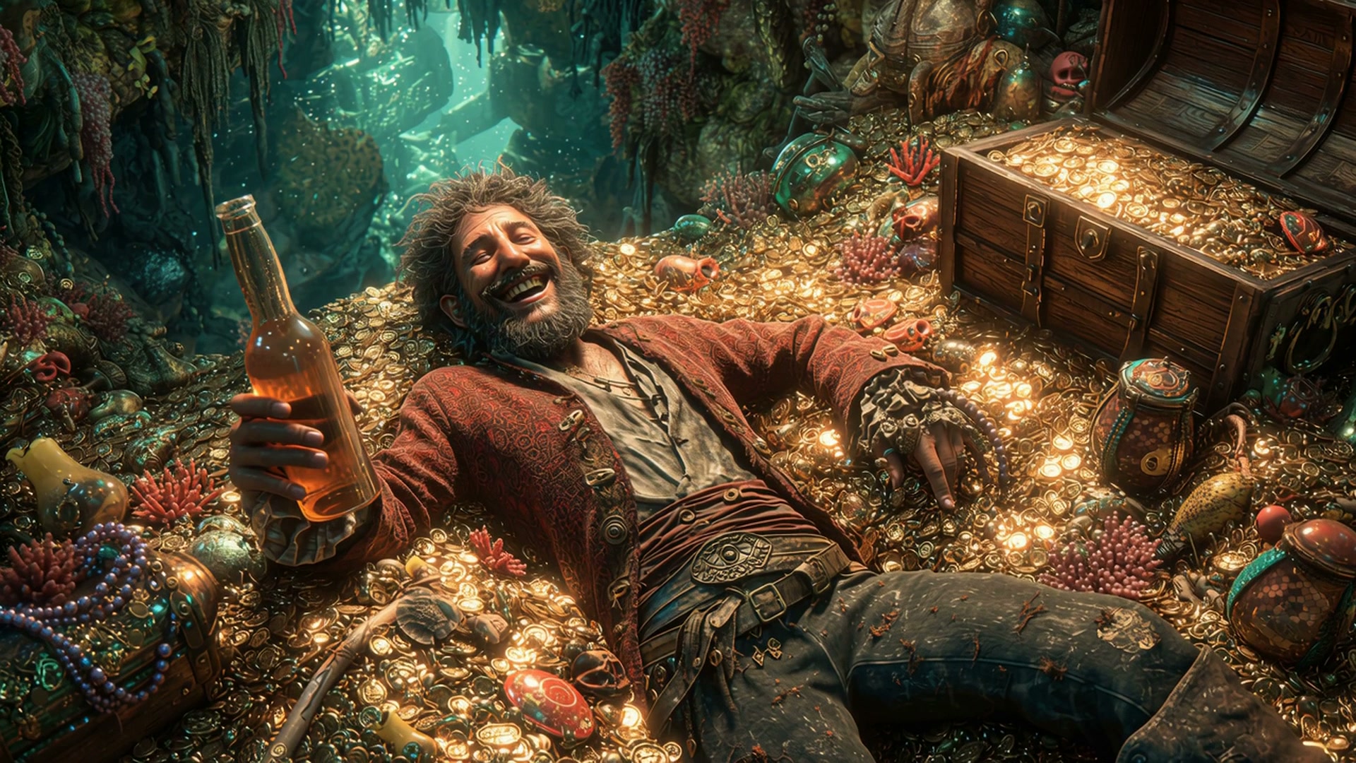 A bearded pirate lounging in a cave of gold coins and treasure, holding a bottle.