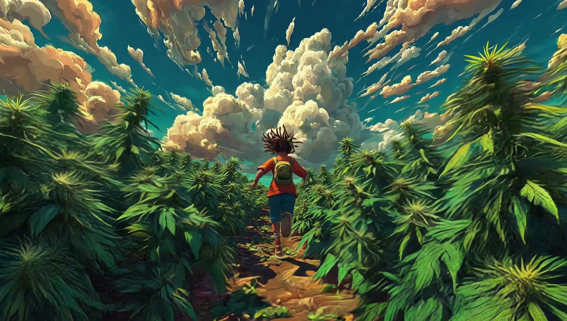 A traveler with a backpack runs down a dirt path through a dense, surreal jungle of oversized gre...