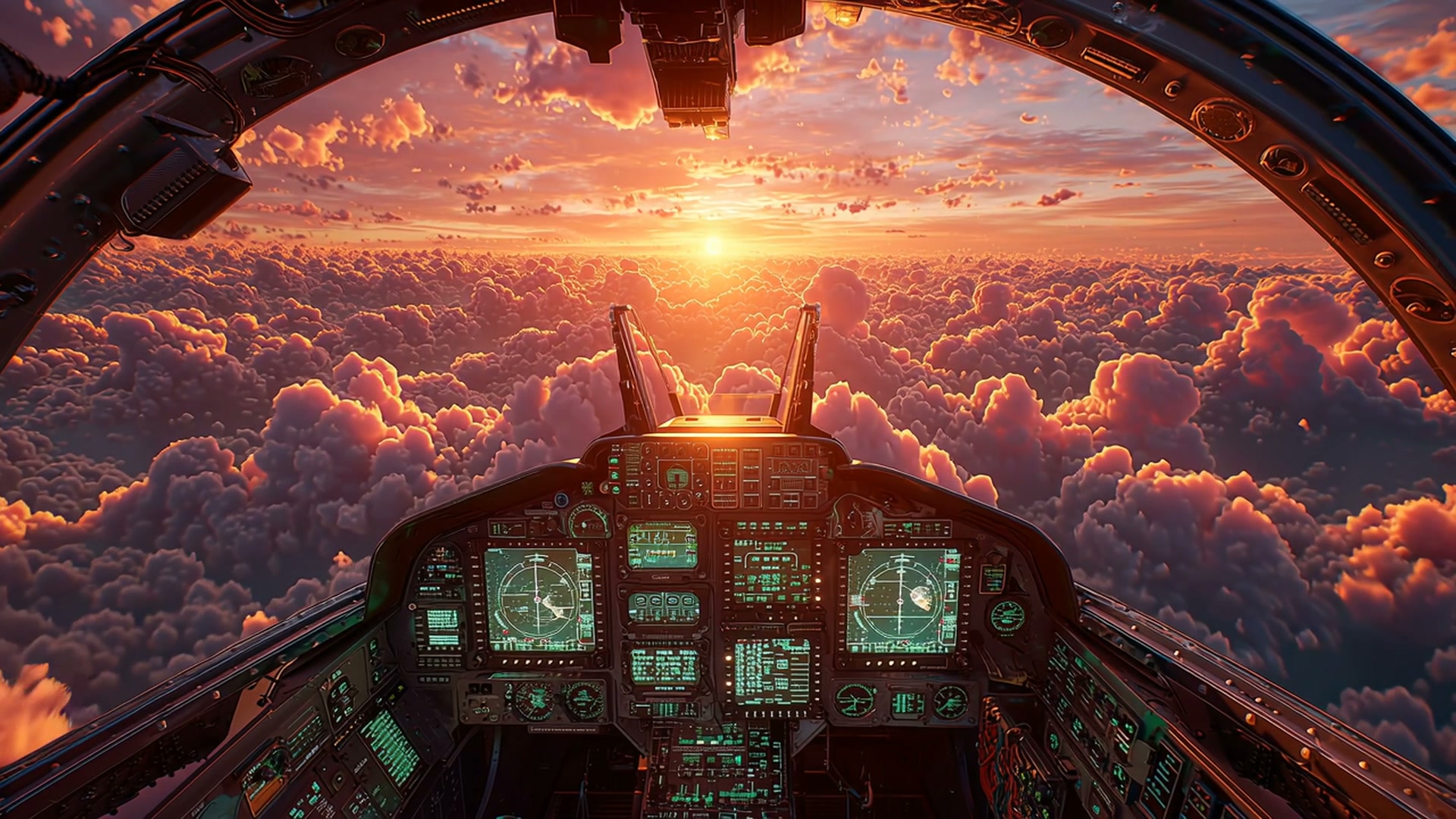 Cockpit view from a fighter jet above orange sunset clouds.