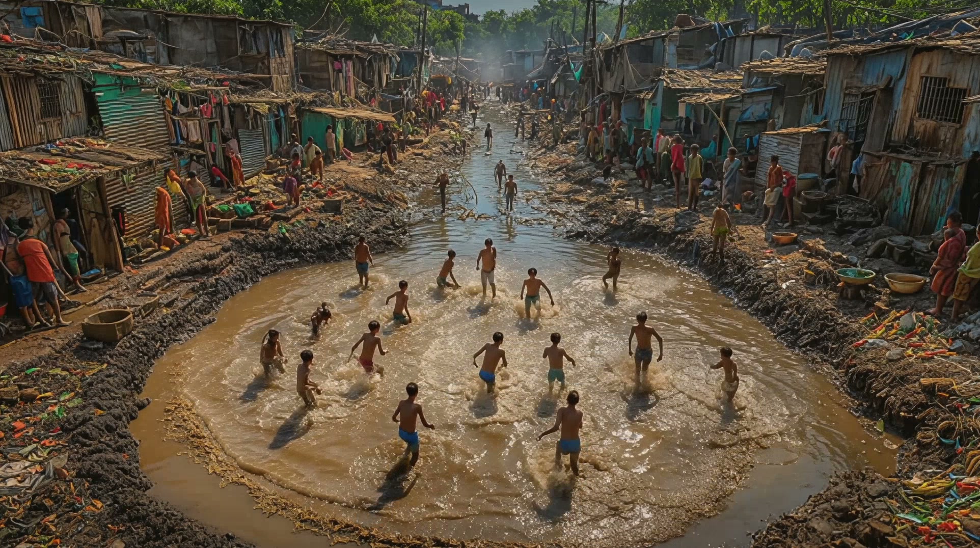 Children playing in a muddy canal surrounded by makeshift houses in a crowded slum.