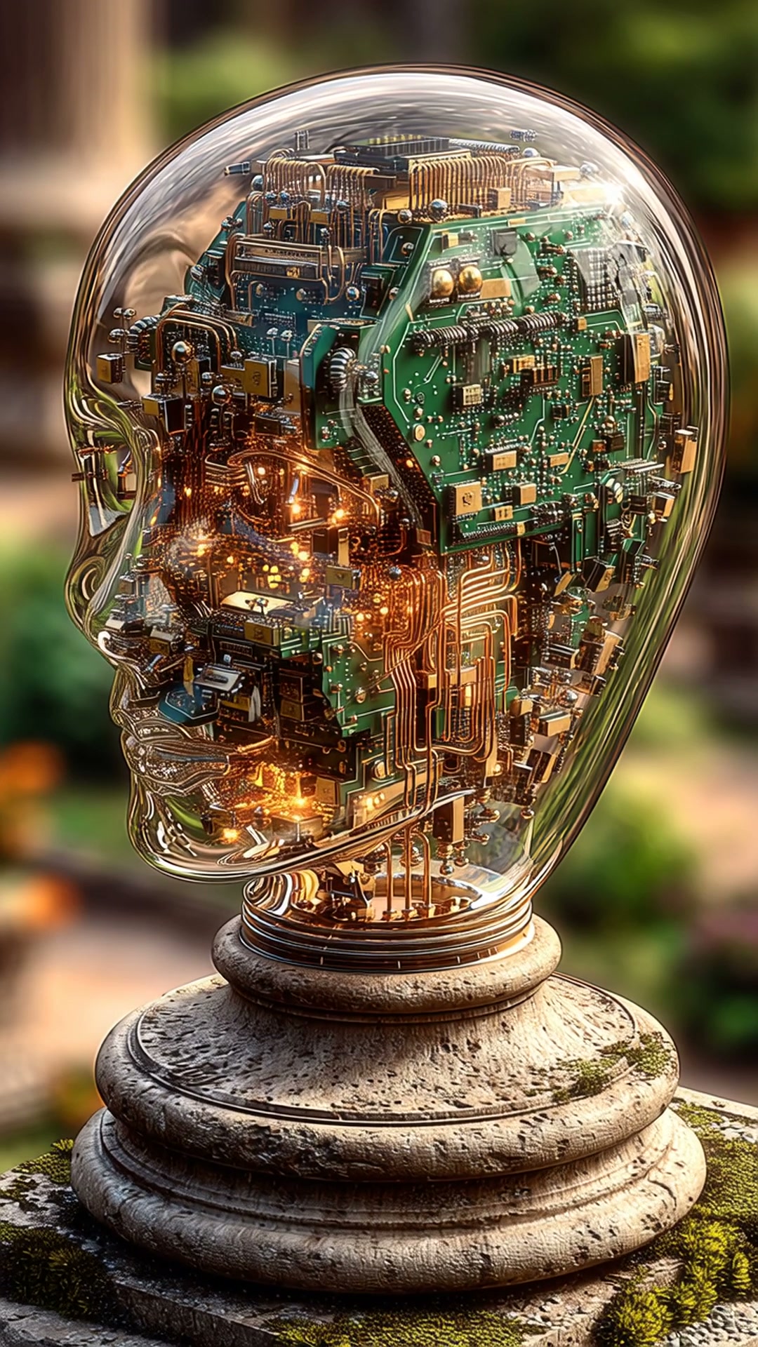 Glass globe encasing a glowing, intricate circuit board sculpture suspended on a stone pedestal.