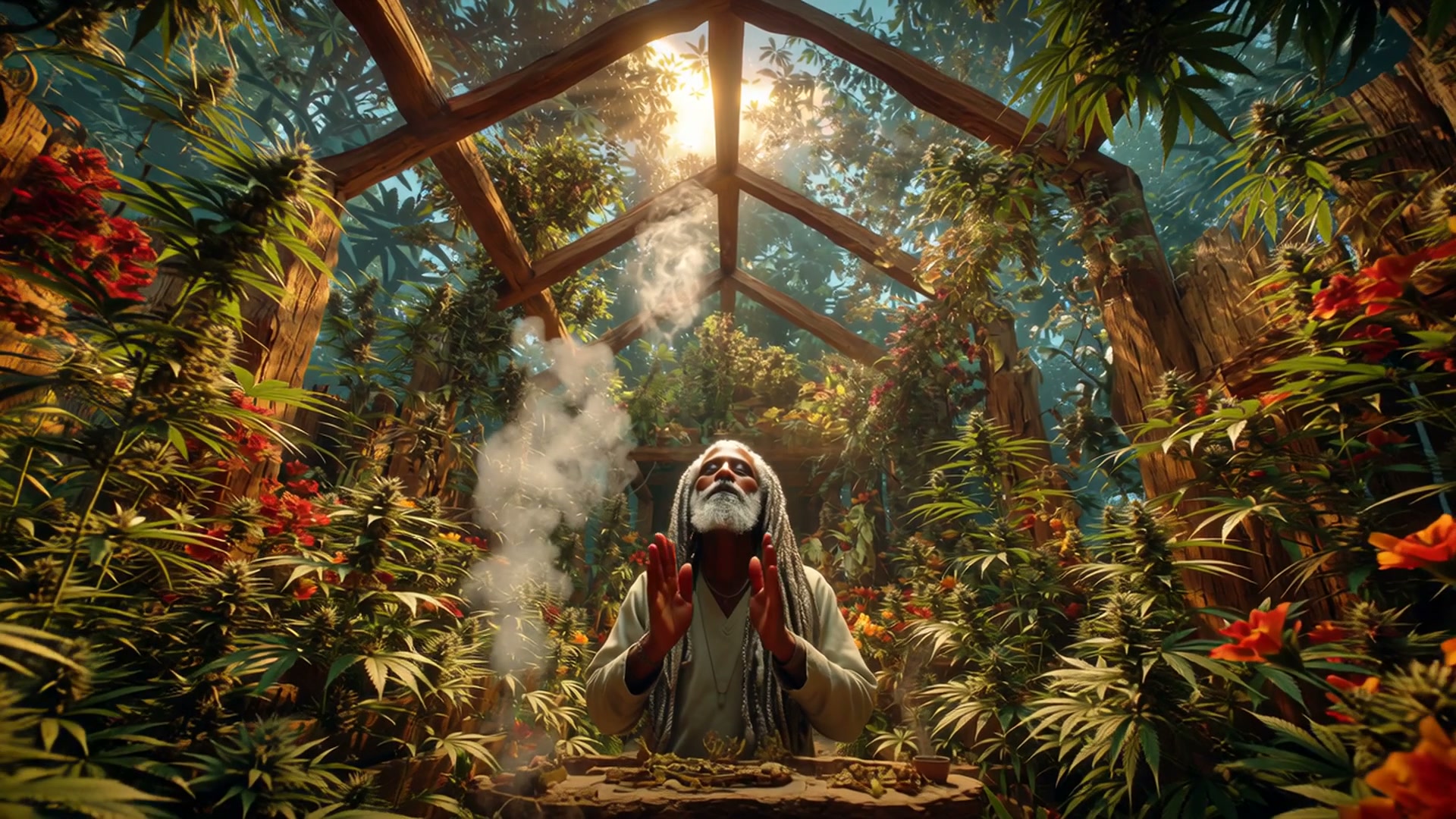 Mystical sage praying in a lush jungle temple with wooden beams and rising incense smoke.