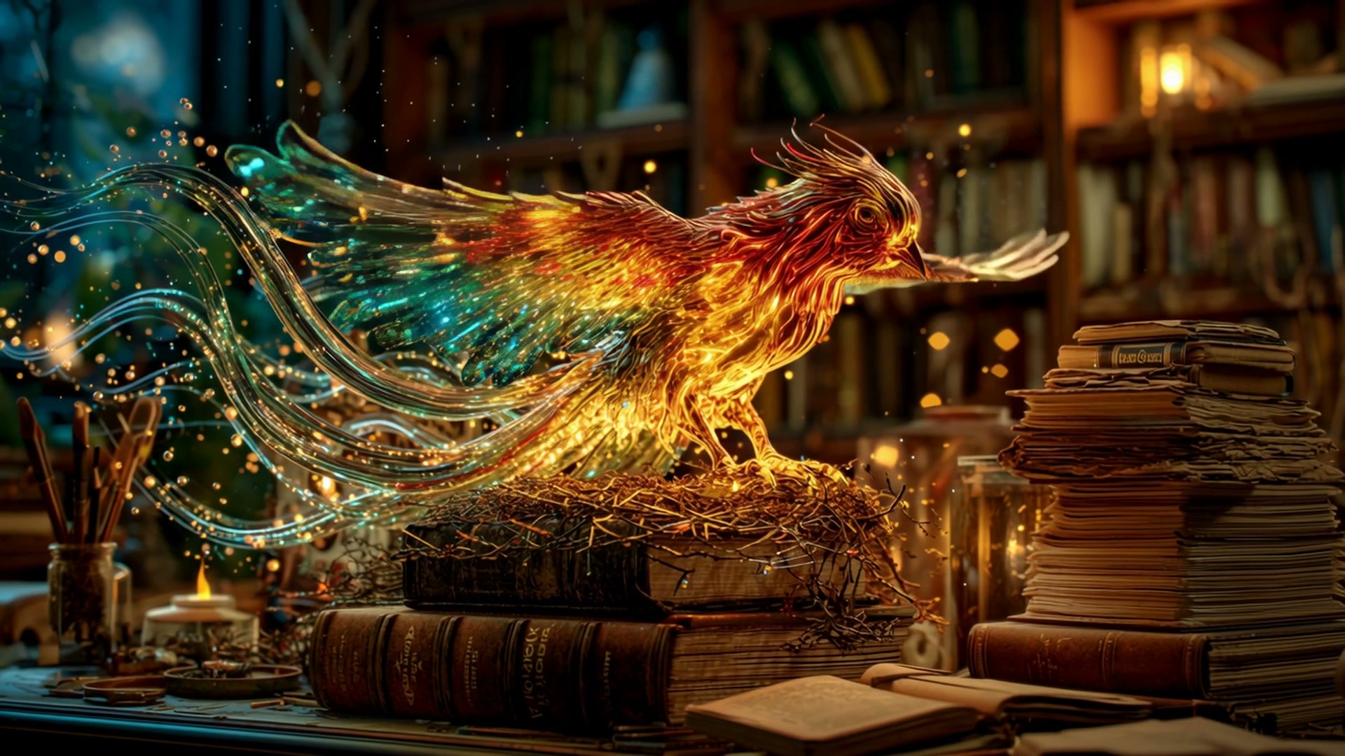 Glowing phoenix made of fiery ribbons rises from antique books in a cozy library.