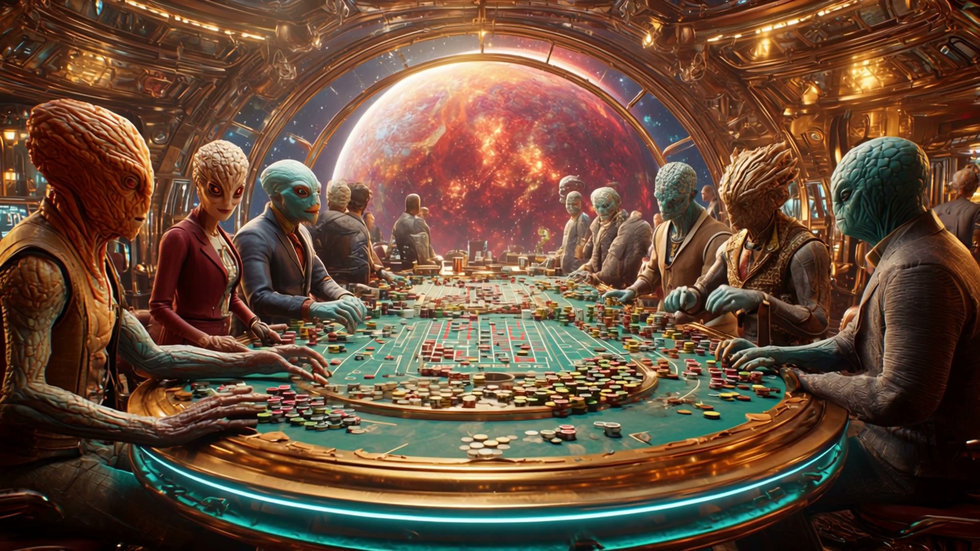 Group of diverse alien players around a glowing casino poker table in a futuristic ship interior.