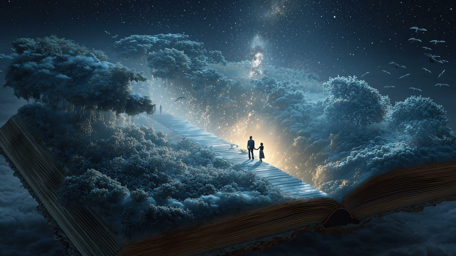 Two people walk hand-in-hand on a glowing page that becomes a cloud path under a star-filled nigh...