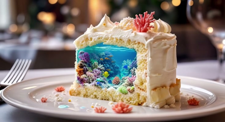 Creative ocean illusion cake slice with embedded coral reef underwater scene, served on a white r...