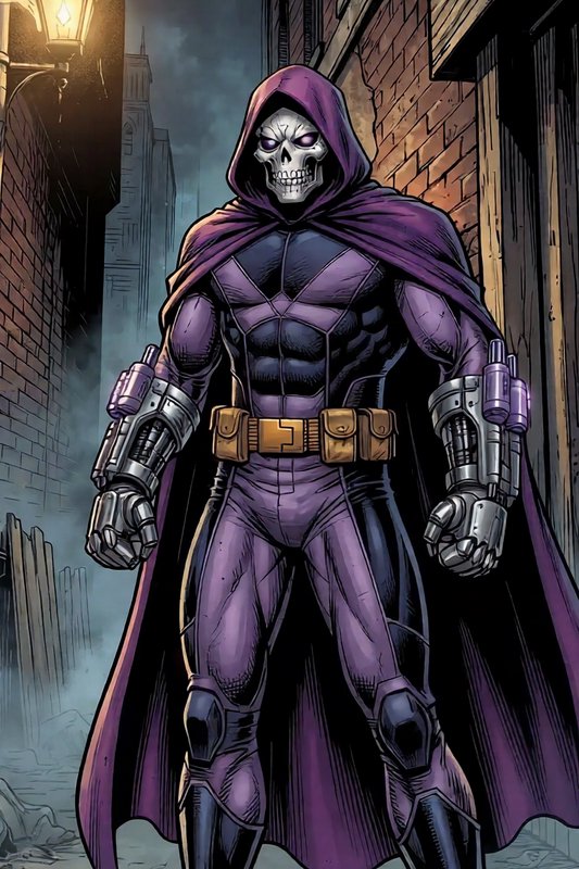 Hooded skeletal anti-hero in purple armor stands in a foggy nighttime brick city alley