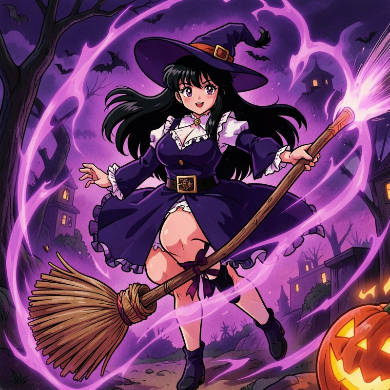 Retro anime young witch holding a broom, surrounded by glowing purple magic in a spooky Halloween...
