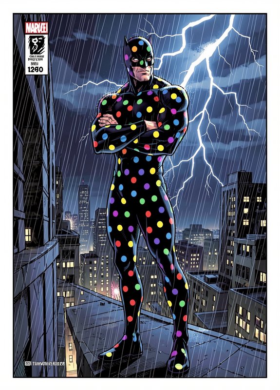 Parody bat-themed superhero in rainbow polka dot suit stands on a rainy rooftop under storm lightning, comic illustration
