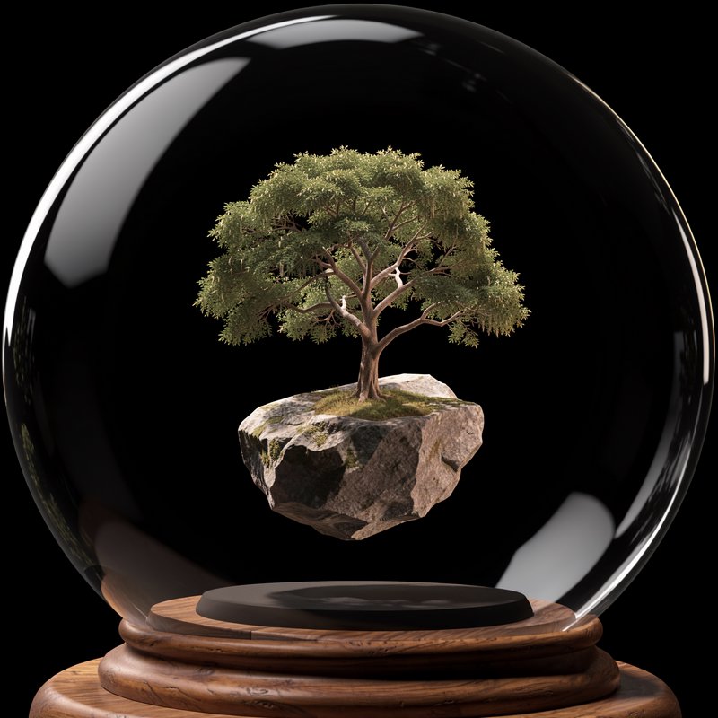 Glossy glass globe holding a floating miniature tree on rock, mounted on a carved wooden base against solid black