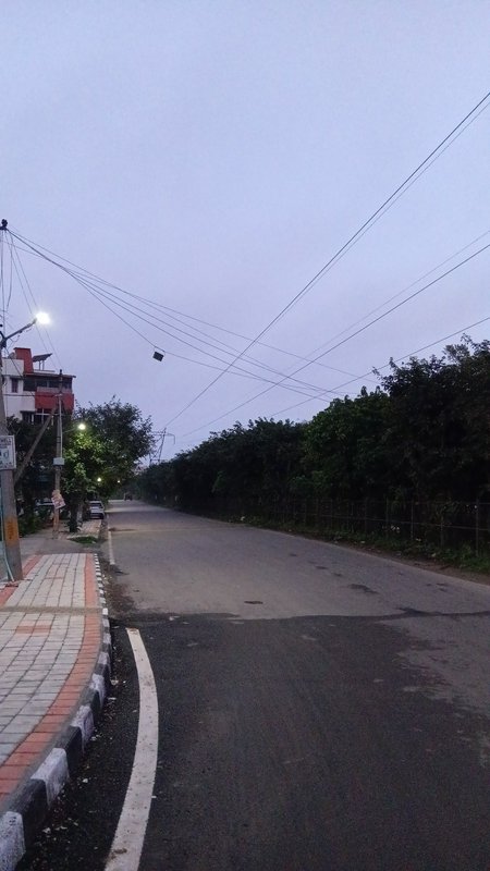 Quiet empty suburban residential street at twilight, with lit streetlights, tiled sidewalk, trees...