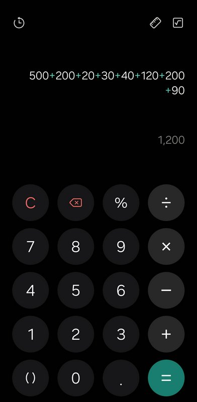Dark mode smartphone calculator app interface showing an addition sum and running total against a...