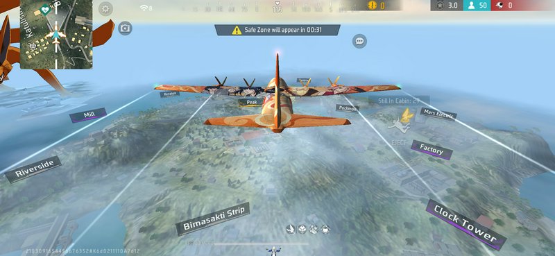 Themed anime-skin jump plane flies over tropical island map at the start of a Free Fire match
