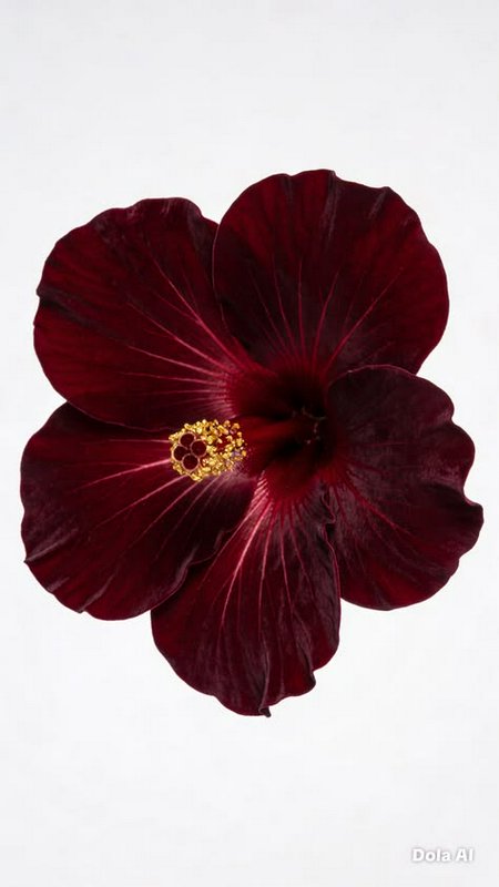 Deep burgundy hibiscus bloom with golden stamen set against a plain bright white background
