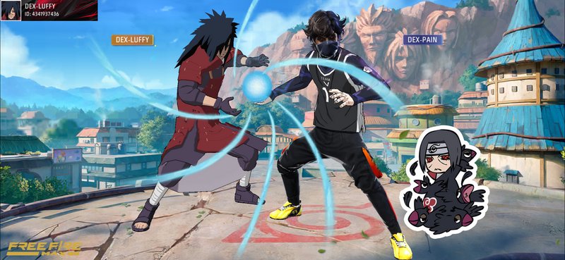 Free Fire Max Naruto crossover battle with two fighters clashing chakra jutsu above Hidden Leaf V...