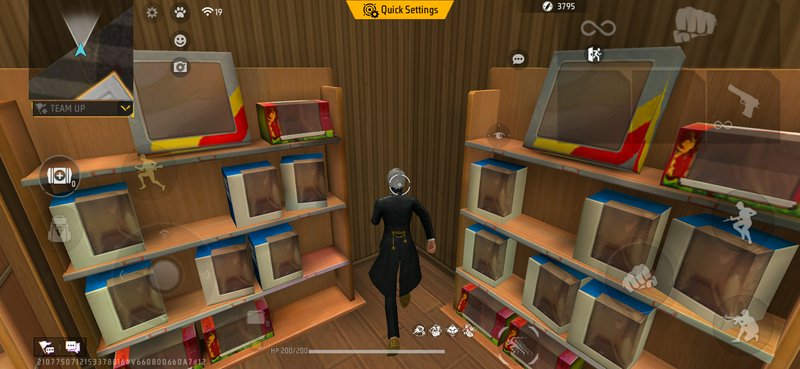 Free Fire player character in a black coat runs between shelves of loot boxes in an in-game shop ...