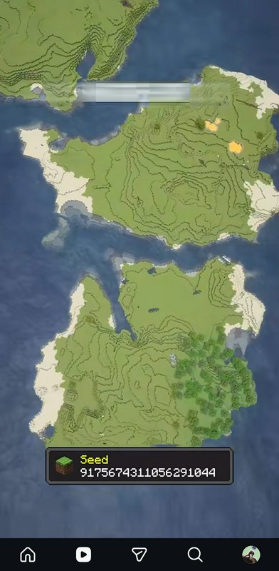 Top down view of a Minecraft island world map with the game seed number displayed at the bottom