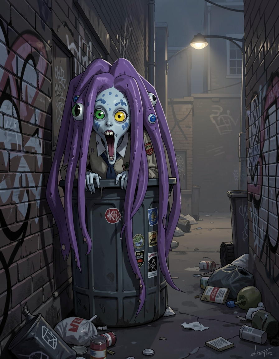 Tentacled alien monster girl emerging from a dumpster in a dim graffiti-covered urban alley