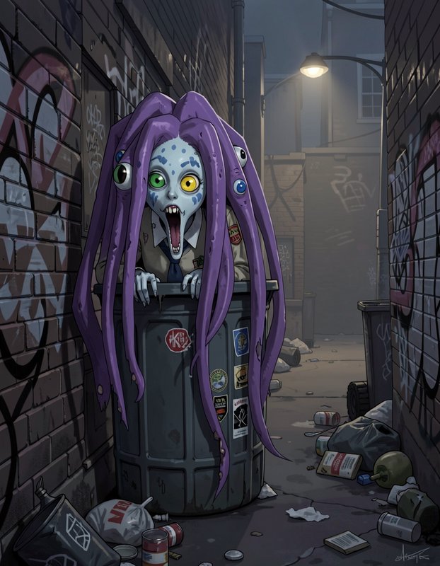 Tentacled alien monster girl emerging from a dumpster in a dim graffiti-covered urban alley