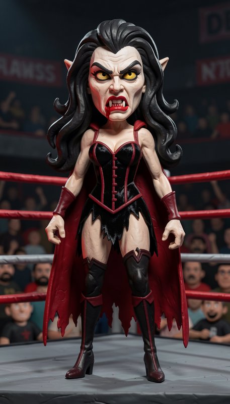 Chibi vampire female wrestler figurine stands menacingly inside a pro wrestling ring