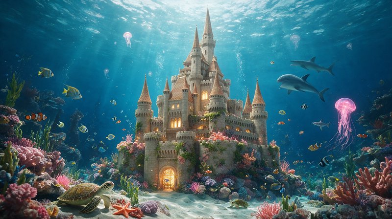 Ornate fairy tale castle sits on a sunlit underwater seabed surrounded by coral, marine life, and...