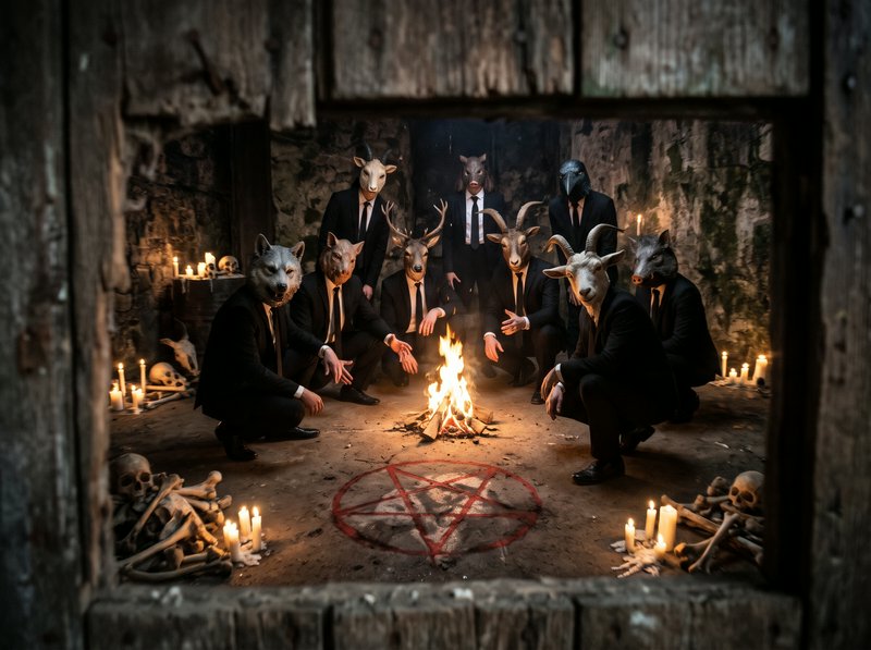 Cult members in animal masks gather around a central fire next to a red pentagram in a stone ritu...