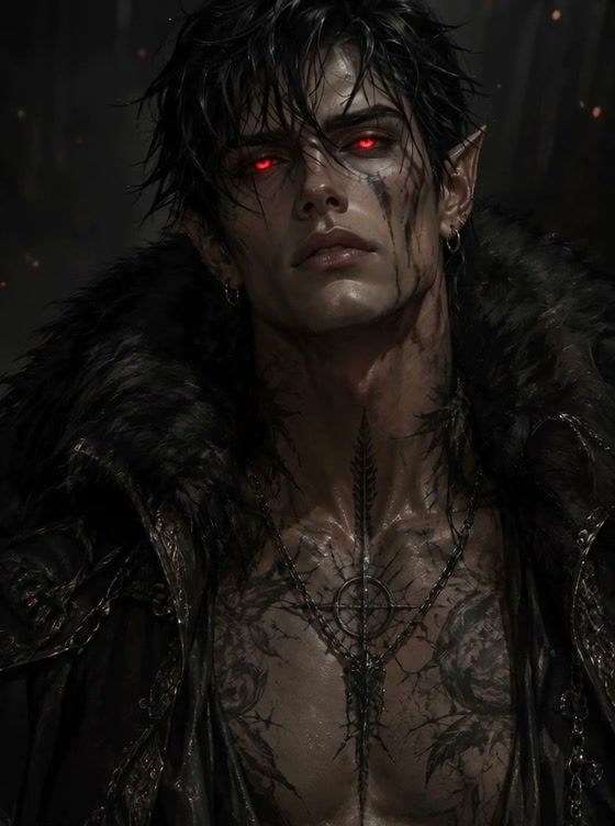 Dark fantasy male dark elf with glowing red eyes, chest tattoos, fur lined cloak, intense broodin...