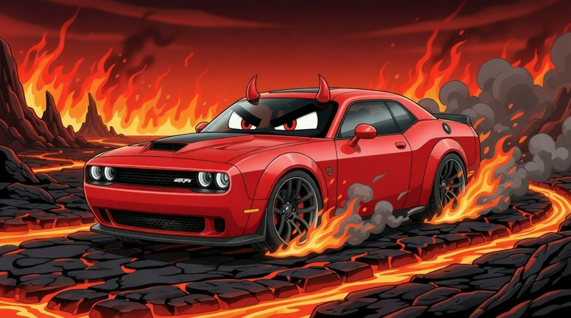 Red cartoon muscle car with angry eyes driving through lava and flames.