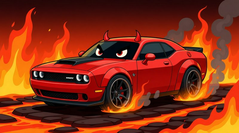 Red cartoon sports car with horns driving through flames on a cracked lava road.