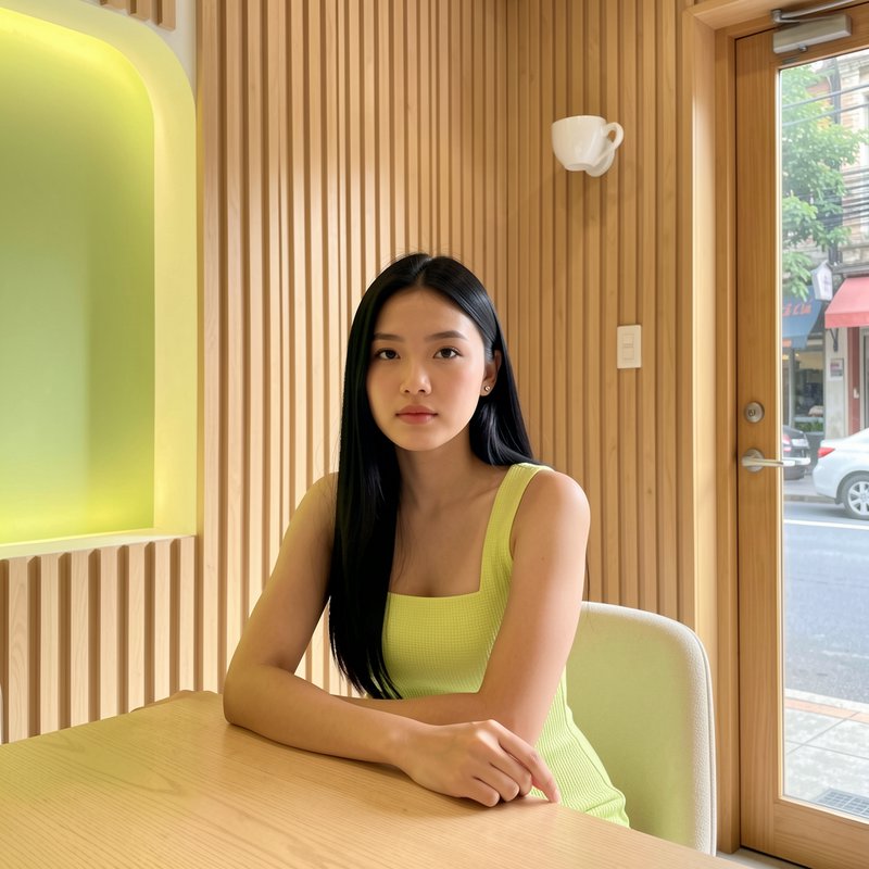 Young East Asian woman in a lime green dress sits at a light wood table inside a bright modern ca...