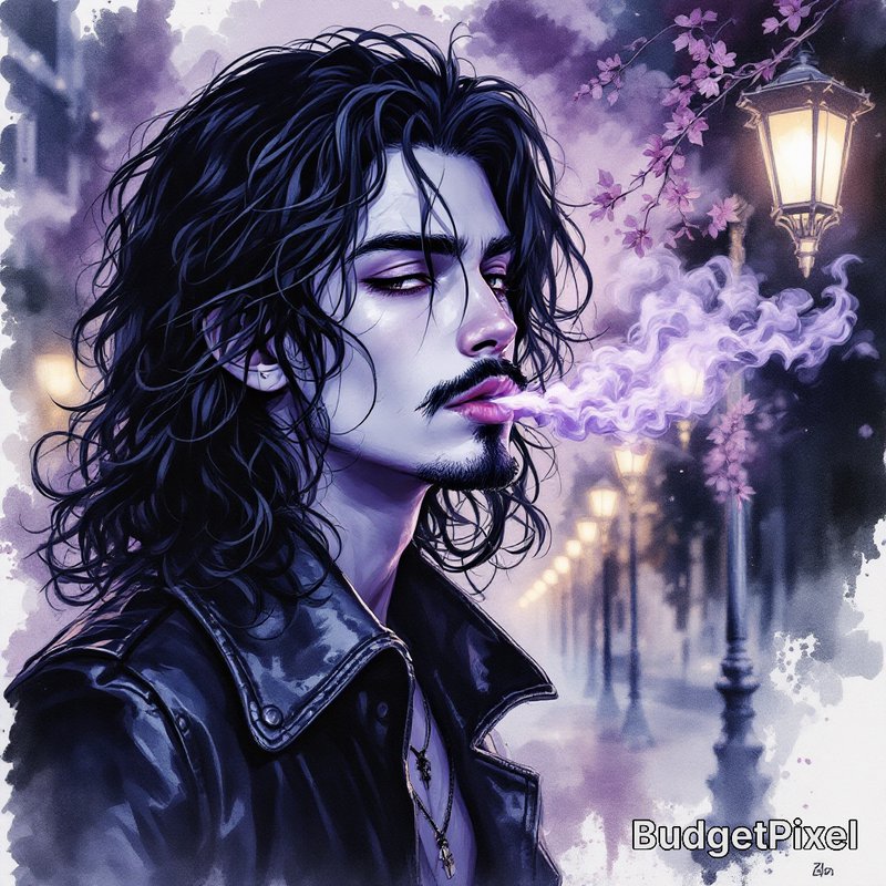 Stylized portrait of a man with long dark hair and a mustache smoking purple smoke on a moody street