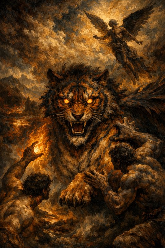 A colossal, fiery-eyed tiger demon roars amid a blazing battle with human figures in a dramatic, ...