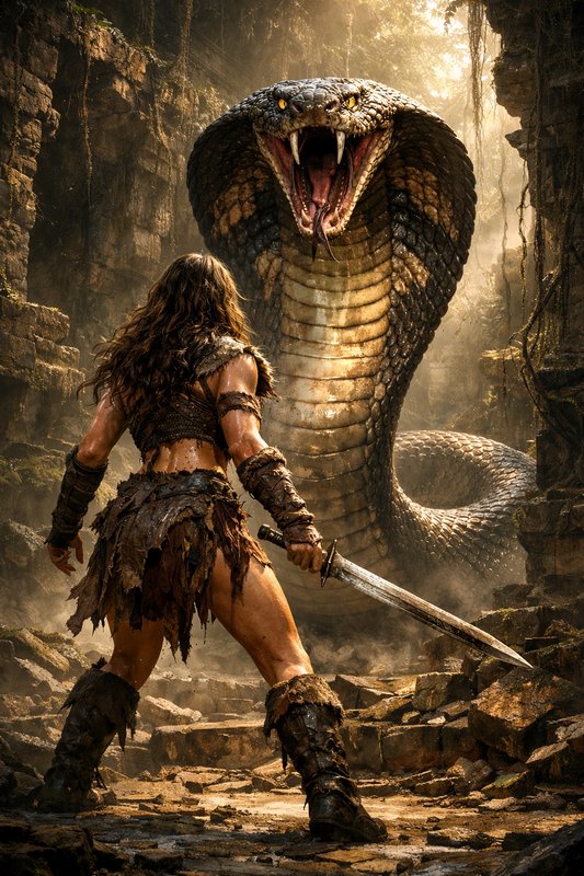 Female fantasy warrior with sword confronts a massive cobra in ancient ruin setting.