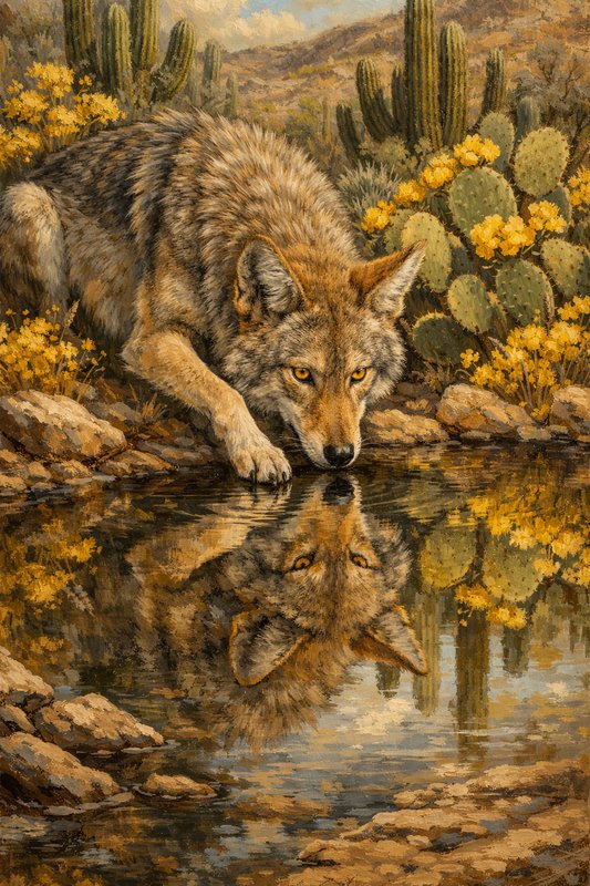 A painted desert scene with a crouching coyote by a reflective water pool, surrounded by cacti an...