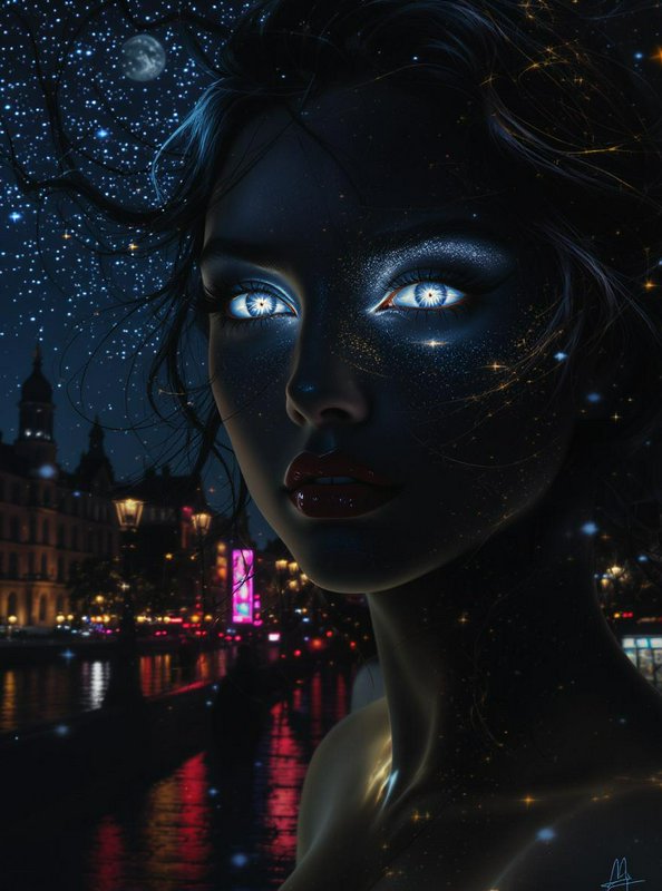 Fantasy woman with glowing starry eyes against a night city backdrop.