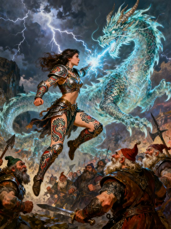 Armored female warrior lunging at an icy, glowing dragon amid a stormy battlefield.