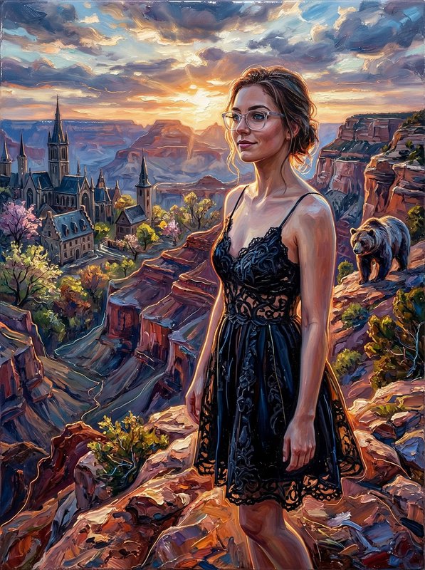 Woman in a black lace dress standing on a canyon ledge at sunset, with a distant city and a bear ...