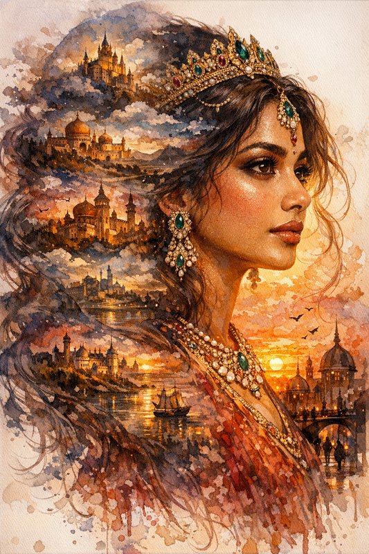 Watercolor portrait of a regal woman wearing a jeweled crown, with a double exposure of palaces a...