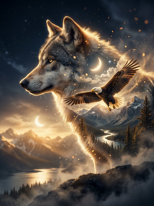 Surreal scene of a giant wolf head over a moonlit mountain landscape with an soaring eagle.