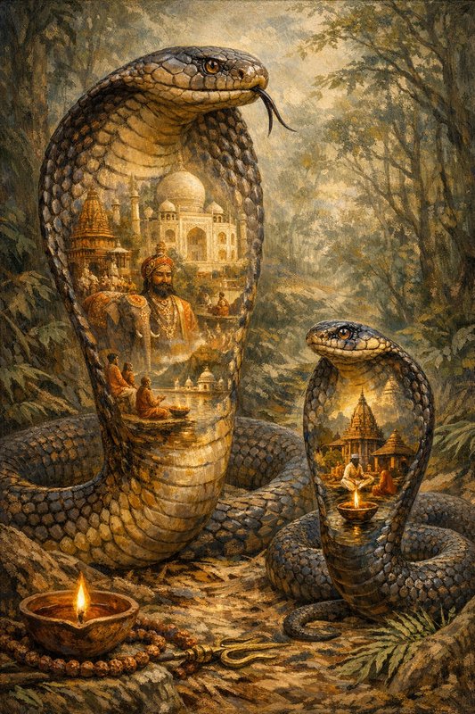 Two large cobras with inner scenes of Indian architecture and figures set in a forest at dusk.