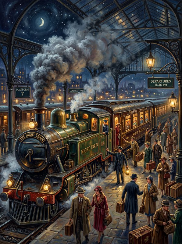 Vintage steam train at a crowded night station with passengers and warm lamps.