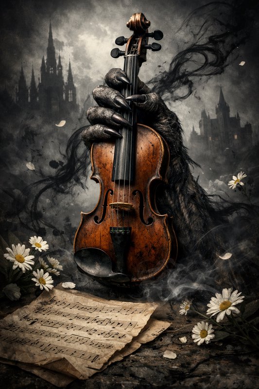 Gothic scene of a dark gloved hand gripping a worn violin amid smoke, with castle silhouettes, da...