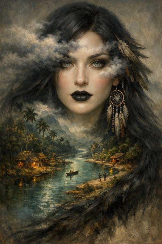 Dreamlike portrait of a woman with dark lips, blended with a tropical river village landscape.