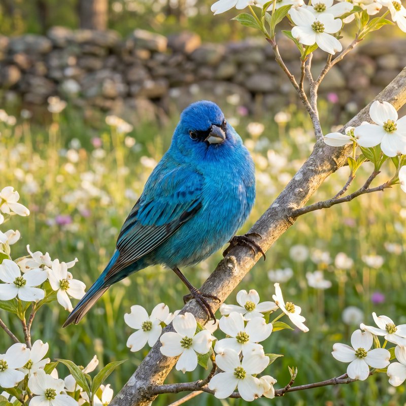 Bright blue bird perched on a flowering white blossom-laden branch.