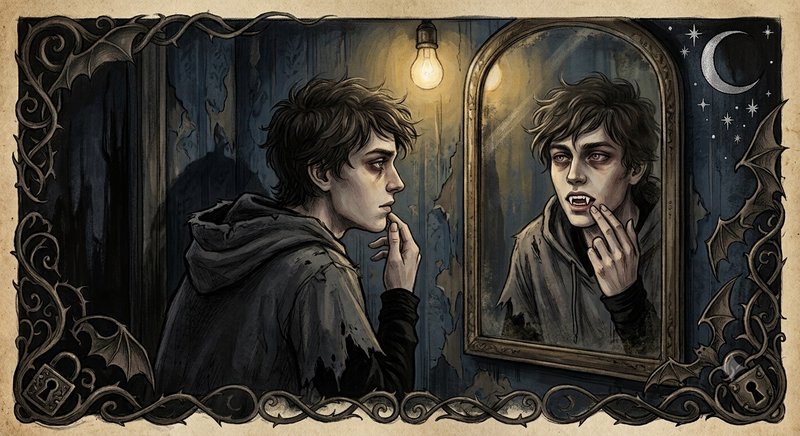 Ornate gothic illustration of a young man discovering vampire fangs in his mirror reflection