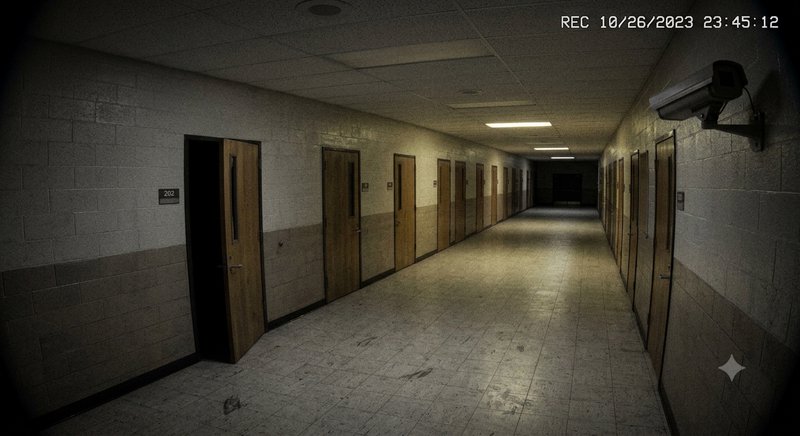 Security camera still of dim empty cinder block hallway, one wooden door ajar, with recording tim...