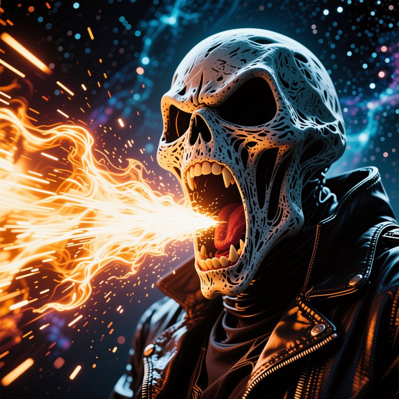 Intricate fanged skeletal Ghost Rider character exhaling bright orange blazing fire against a glo...