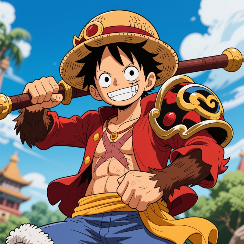 Vibrant fan art of Monkey D. Luffy from One Piece, grinning, with monkey hybrid traits, holding a...