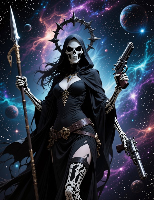 Hooded four-armed female skeletal grim reaper holding weapons, against a glowing cosmic starry ga...